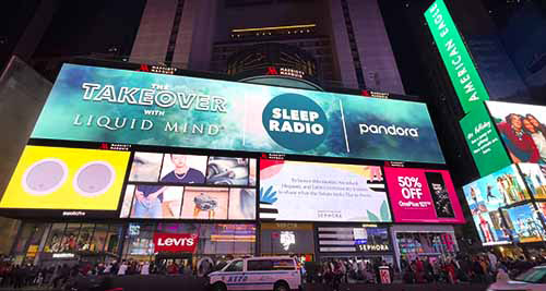 NYC Times Square billboard promotiong Liquid Mind Pandora Takeover for Mental Health Week