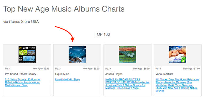 iTunes Store USA July 22, 2021 Top New Age Music Albums Chart with Liquid Mind VIII: Sleep at No. 2